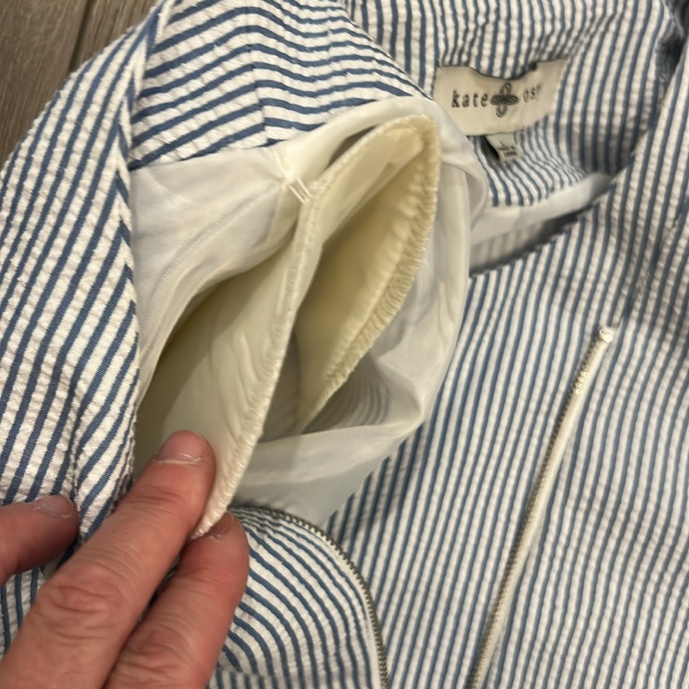 Kate Rosy Seersucker Striped lightweight Moto Cut Jacket - fun take! Large EUC - Picture 6 of 6